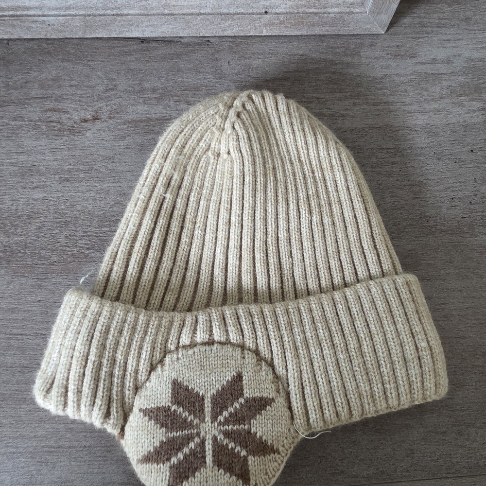 Ribbed Knit Beanie with Snowflake Ear Cover - Tan
